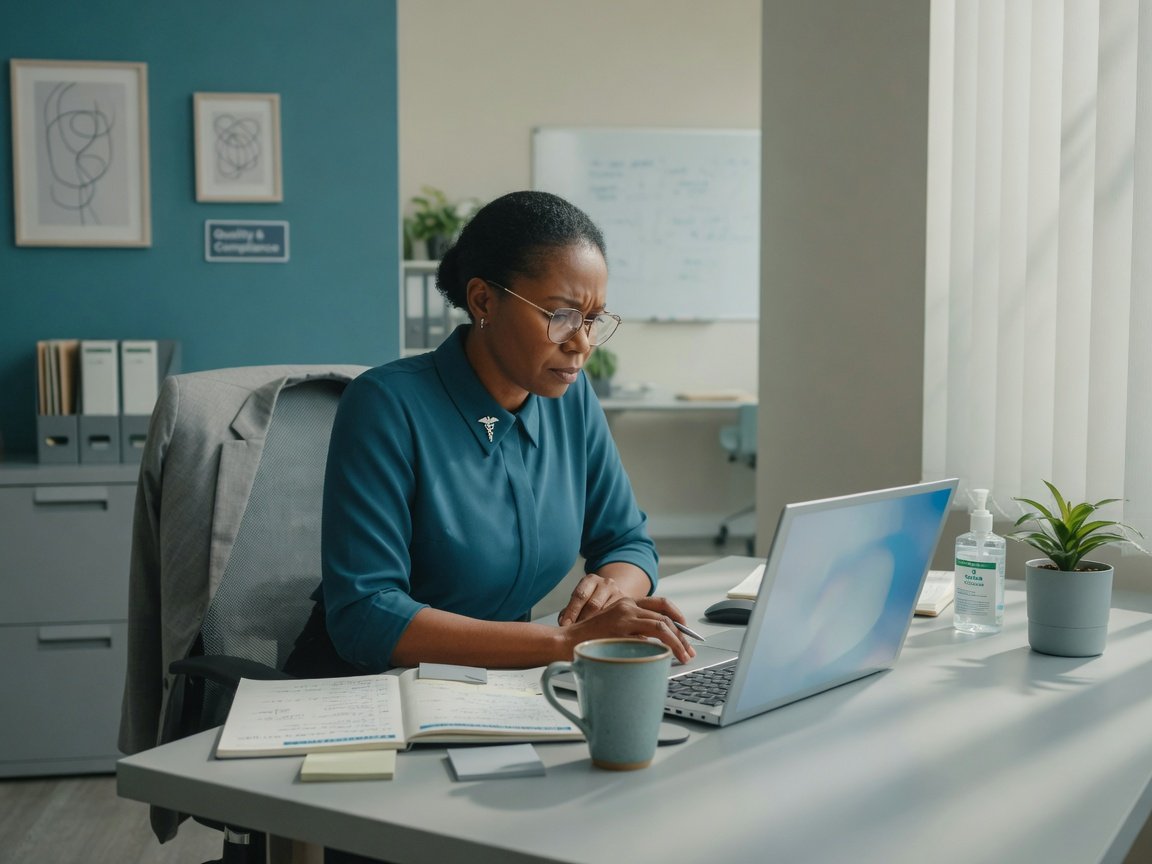 Professional reviewing documents on a laptop